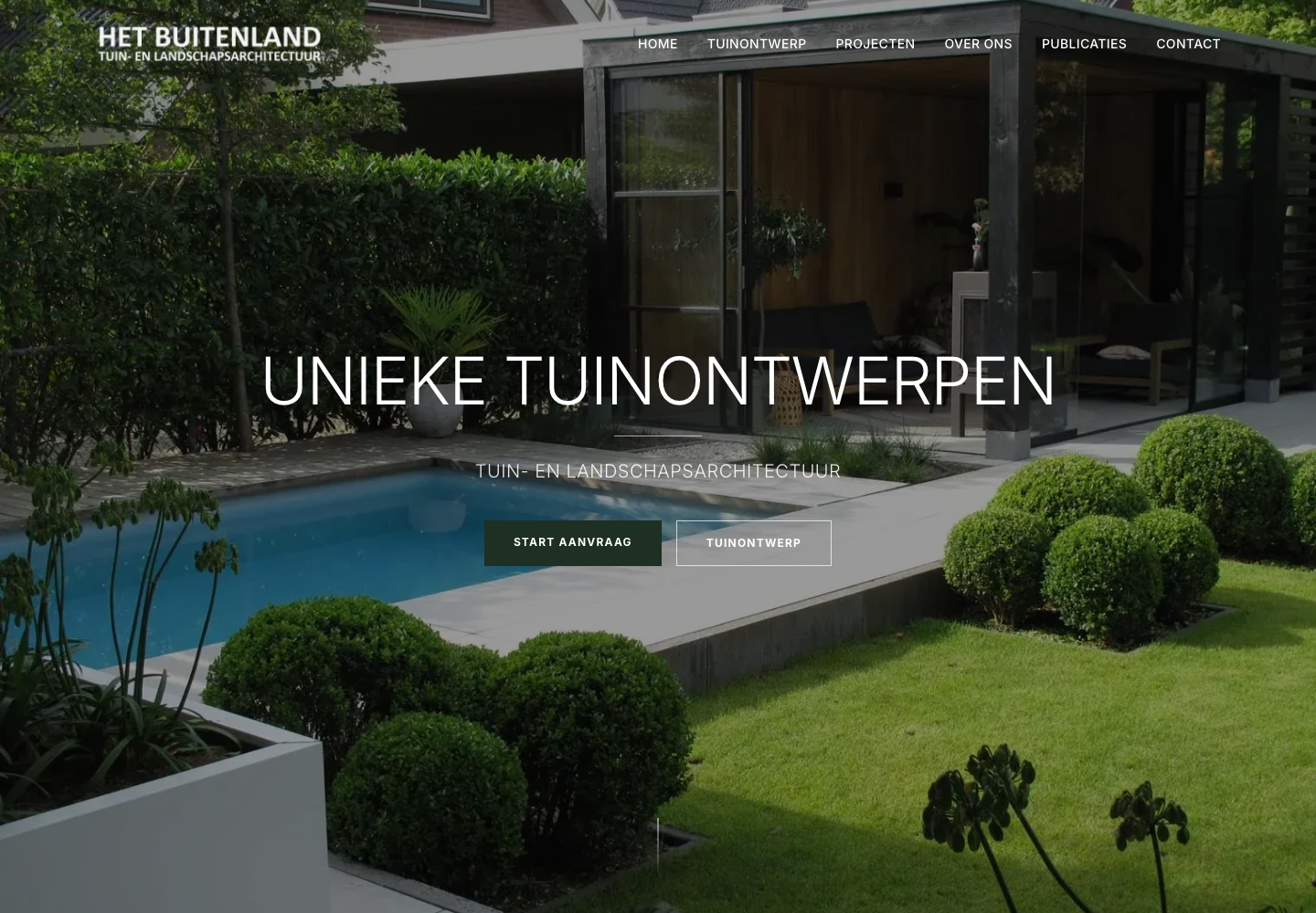 De Het Buitenland-website met grote tuinfotografie en rustige witte typografie