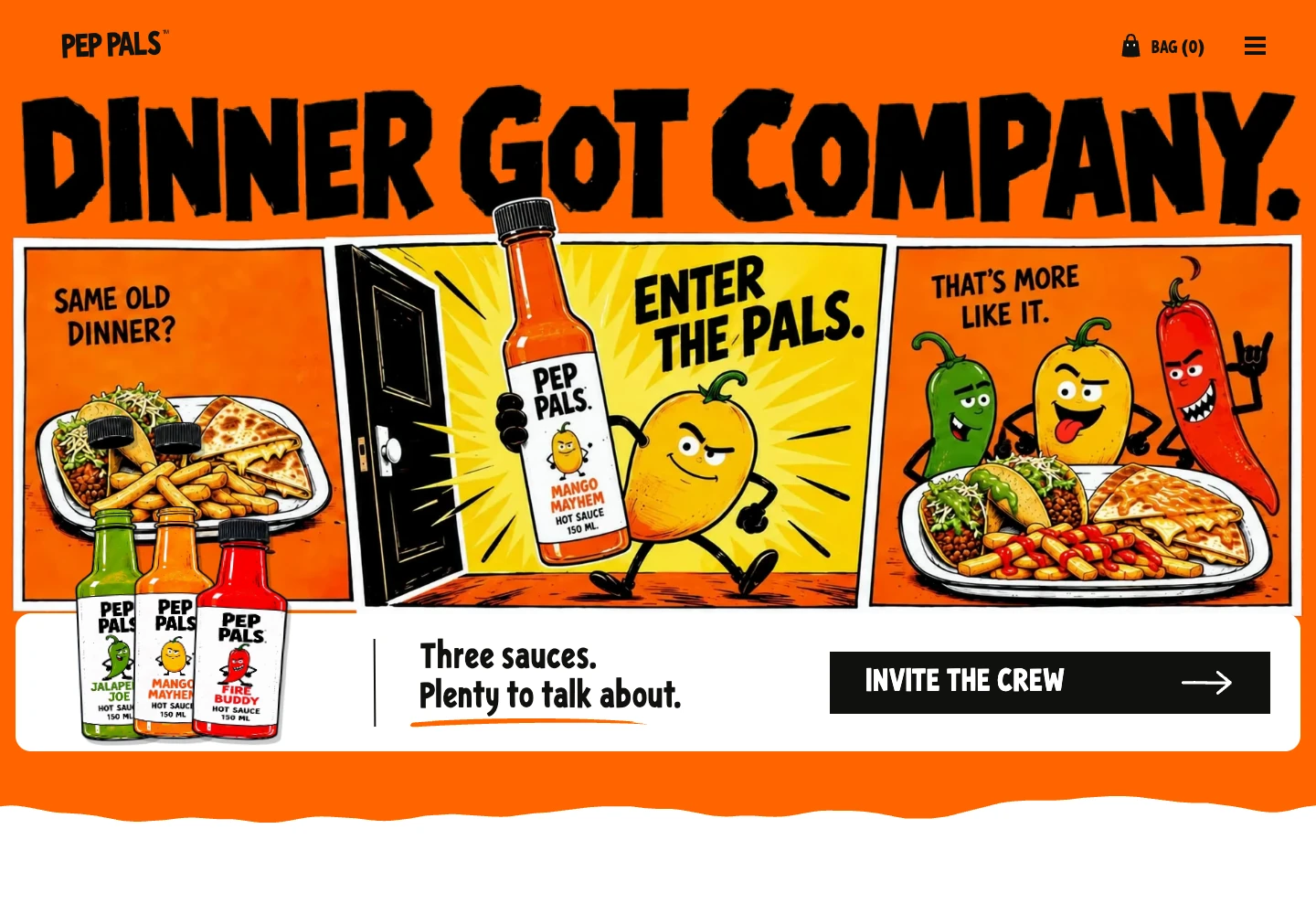 De Pep Pals-website met oranje typografie, stripillustraties en drie hot sauces