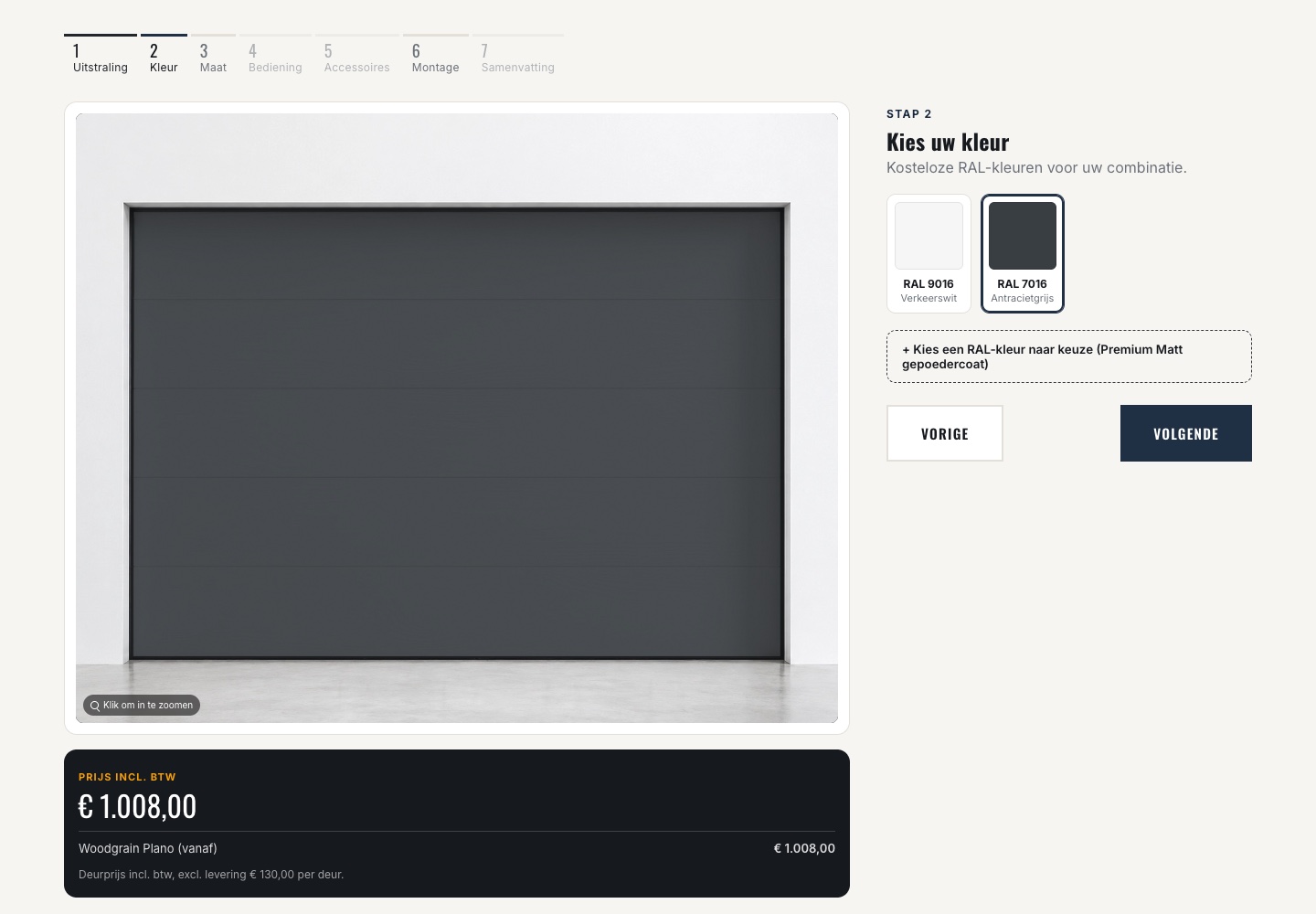 De SG Garagedeuren-configurator met afwerkingsopties en een visuele preview van de samengestelde garagedeur