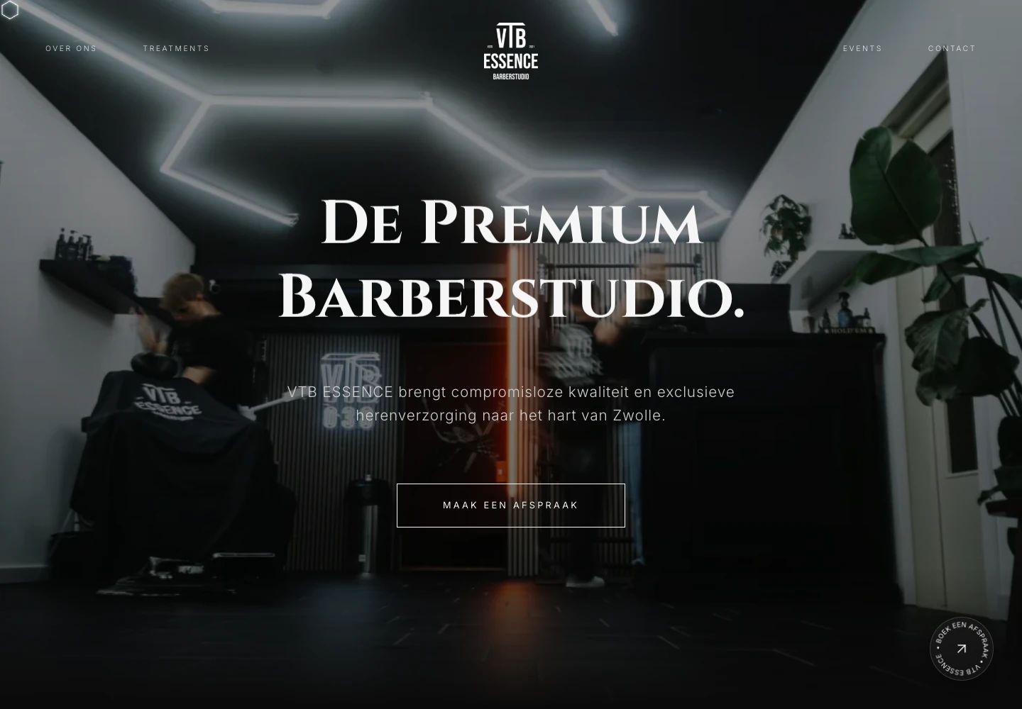 De VTB Essence-website met een donkere fotografische presentatie van de barberstudio